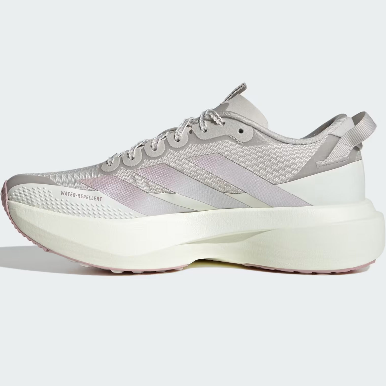 Women's adidas Adizero EVO SL ATR Running Shoes Grey One Ice Purple White Tint inner side view showing responsive LIGHTSTRIKE PRO cushioning with ADIZERO sling launch for secure heel lockdown
