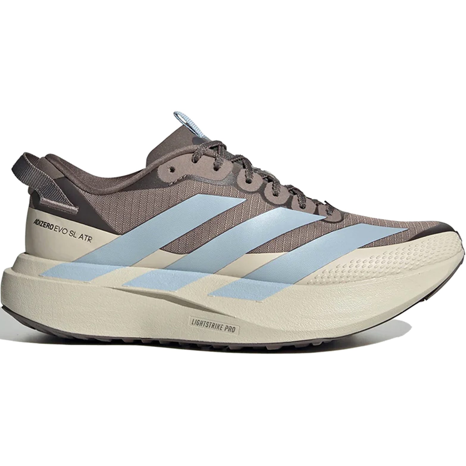 Women's adidas Adizero EVO SL ATR Running Shoes Wonder Brown Beige Blue outer side view showing LIGHTSTRIKE PRO midsole and water-repellent textile upper with mudguard
