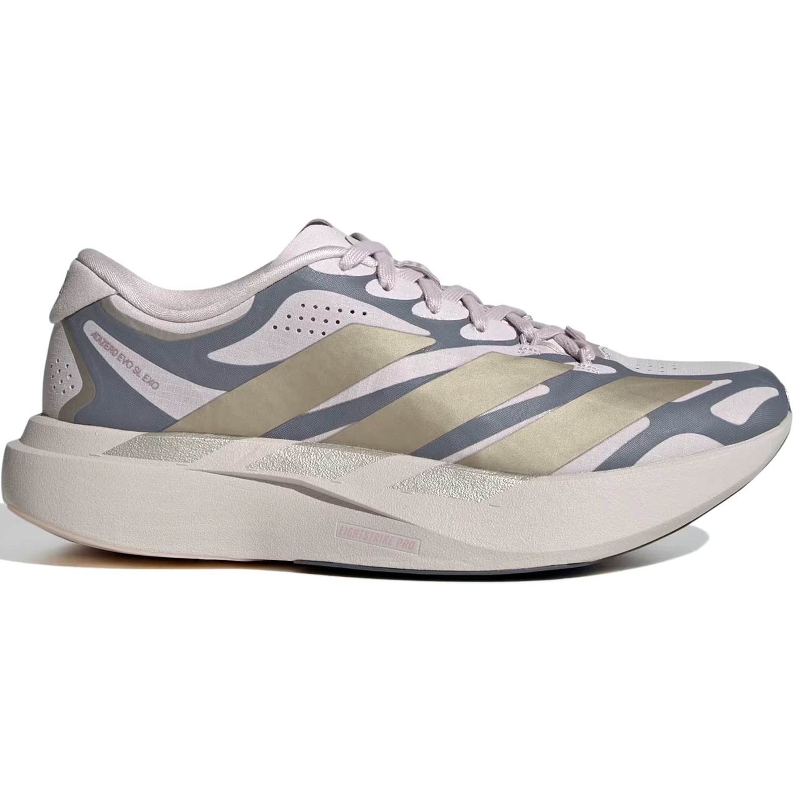 adidas Adizero EVO SL EXO women's running shoe in Ice Purple / Cyber Metallic / Onix — outer view showing ice purple woven shell upper with exoskeleton overlays, cyber metallic 3-Stripes and LightstrikePro midsole