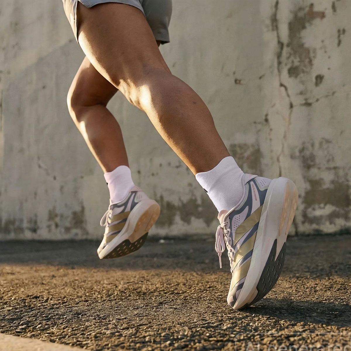 adidas Adizero EVO SL EXO women's running shoe in Ice Purple / Cyber Metallic / Onix — side view worn in motion, showing ice purple woven upper with cyber metallic 3-Stripes and LightstrikePro midsole profile