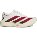 Introducing the Adidas Women’s Adizero EVO SL EXO Suede Running Shoes in Core White, Team Victory Red, and Cream White—these shoes feature a white upper accented with vibrant red stripes and a thick cream-colored LIGHTSTRIKE PRO sole. Gold Adizero Adios Pro 3 branding appears on the heel, while the advanced EXOSKELETON Fit System delivers enhanced support as part of the distinctive adidas Adizero Evo SL EXO design.