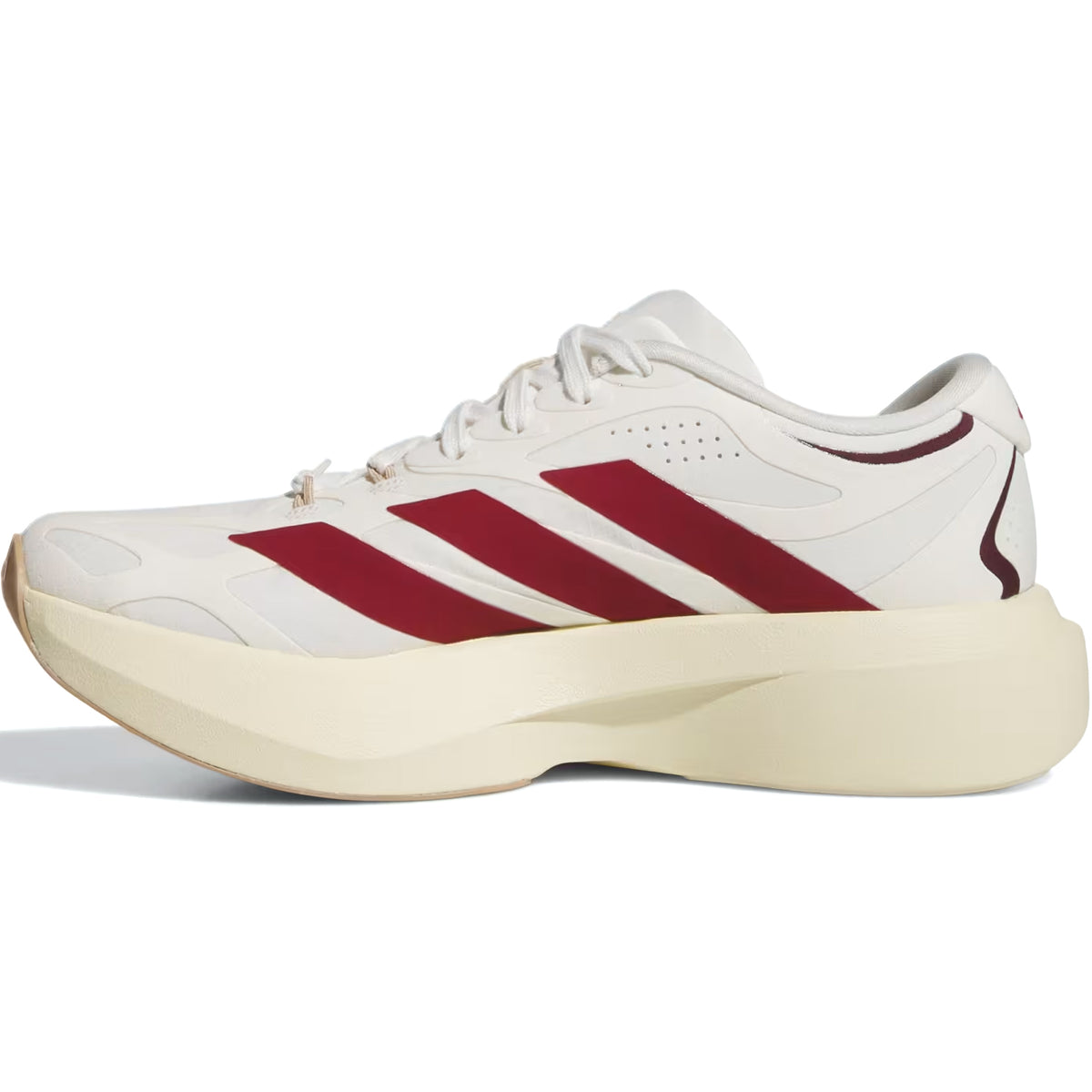 The Adidas Women’s Adizero EVO SL EXO Suede Running Shoes in Core White, Team Victory Red, and Cream White feature three bold red stripes on the side, a thick cream-toned sole, and a classic lace-up design. Engineered with the innovative EXOSKELETON Fit System for enhanced support and inspired by the Adizero EVO SL EXO line, these shoes deliver lightweight comfort and modern style.