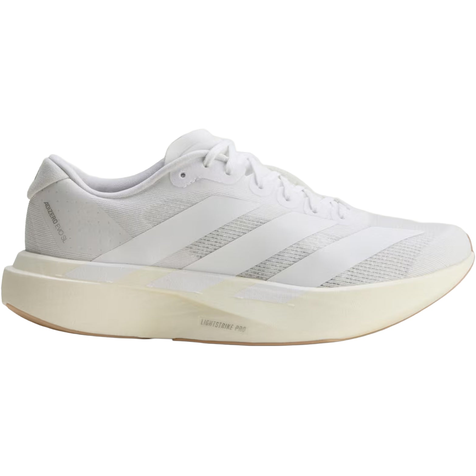 Women's adidas Adizero EVO SL Running Shoes Cloud White Cloud White Warm Sandstone inner side view showing responsive LIGHTSTRIKE PRO cushioning with Continental rubber outsole