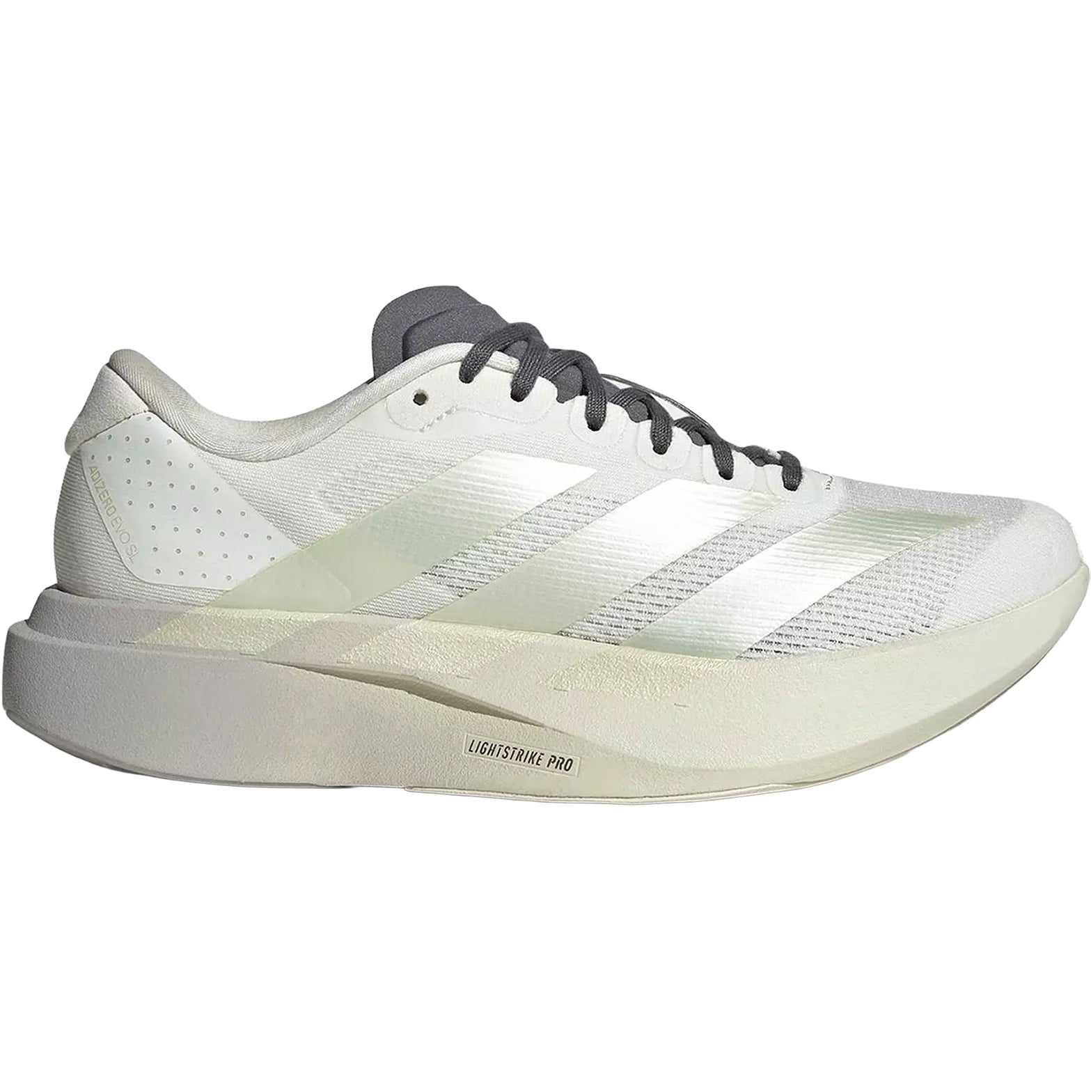 Women's adidas Adizero EVO SL Running Shoes Off White Ice Gold Metallic Granite outer side view showing LIGHTSTRIKE PRO foam midsole with racing-inspired design for running and lifestyle wear