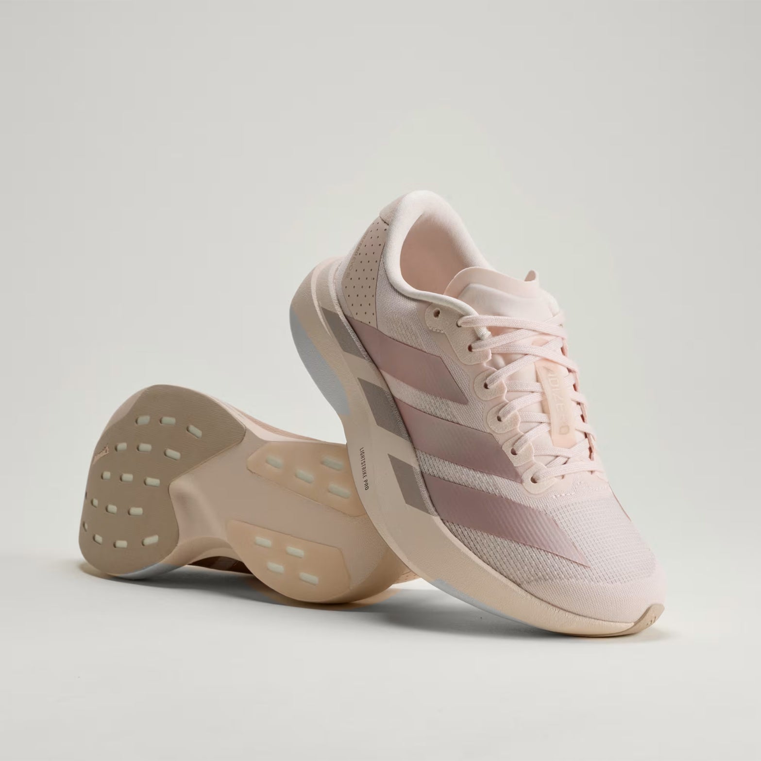 Women's adidas Adizero EVO SL Running Shoes Wonder Quartz Grey Wonder Taupe top view showing synthetic and textile upper with racing-inspired aesthetic for versatile wear