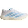 Women's adidas Adizero EVO SL Woven Running Shoes Cloud White Clear Blue Matte Gold outer side view showing LIGHTSTRIKE PRO midsole with woven upper construction