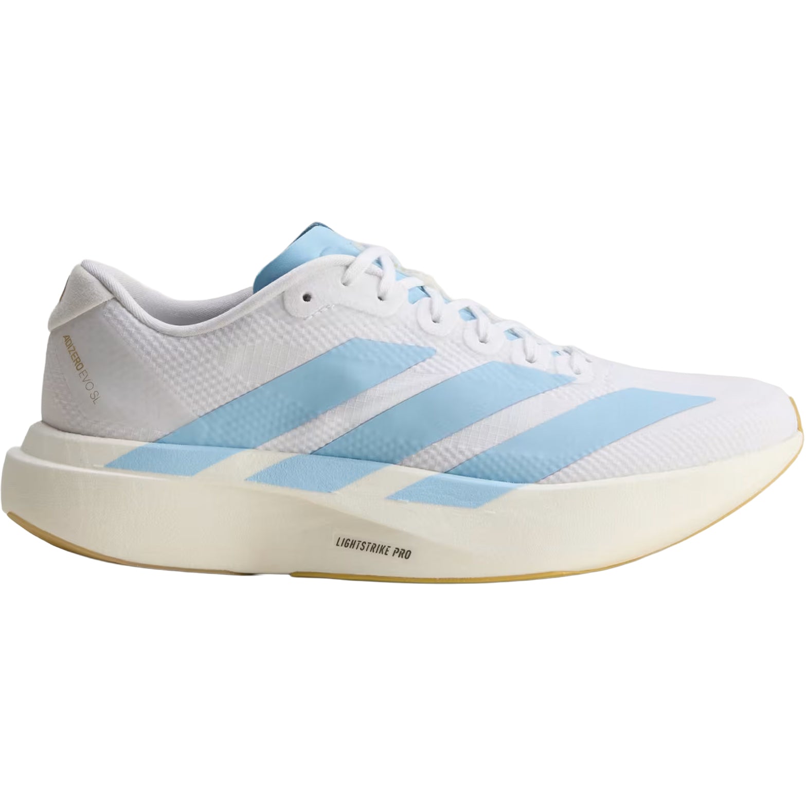 Women's adidas Adizero EVO SL Woven Running Shoes Cloud White Clear Blue Matte Gold outer side view showing LIGHTSTRIKE PRO midsole with woven upper construction