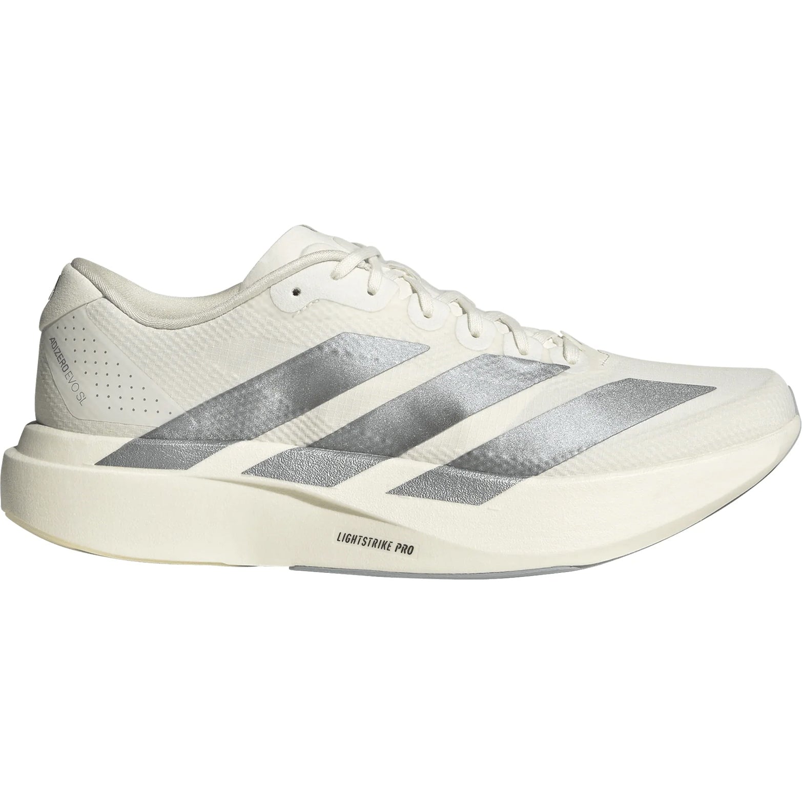 Women's Adidas Adizero EVO SL Woven Running Shoes Core White Core White Halo Silver outer side view showing LIGHTSTRIKE PRO midsole and racing-inspired design