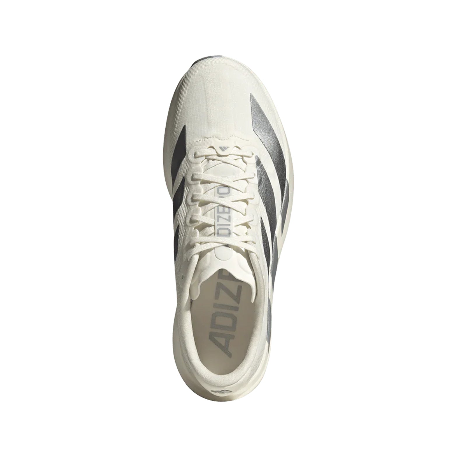 Women's Adidas Adizero EVO SL Woven Running Shoes Core White Core White Halo Silver top view showing textile upper and lace closure system