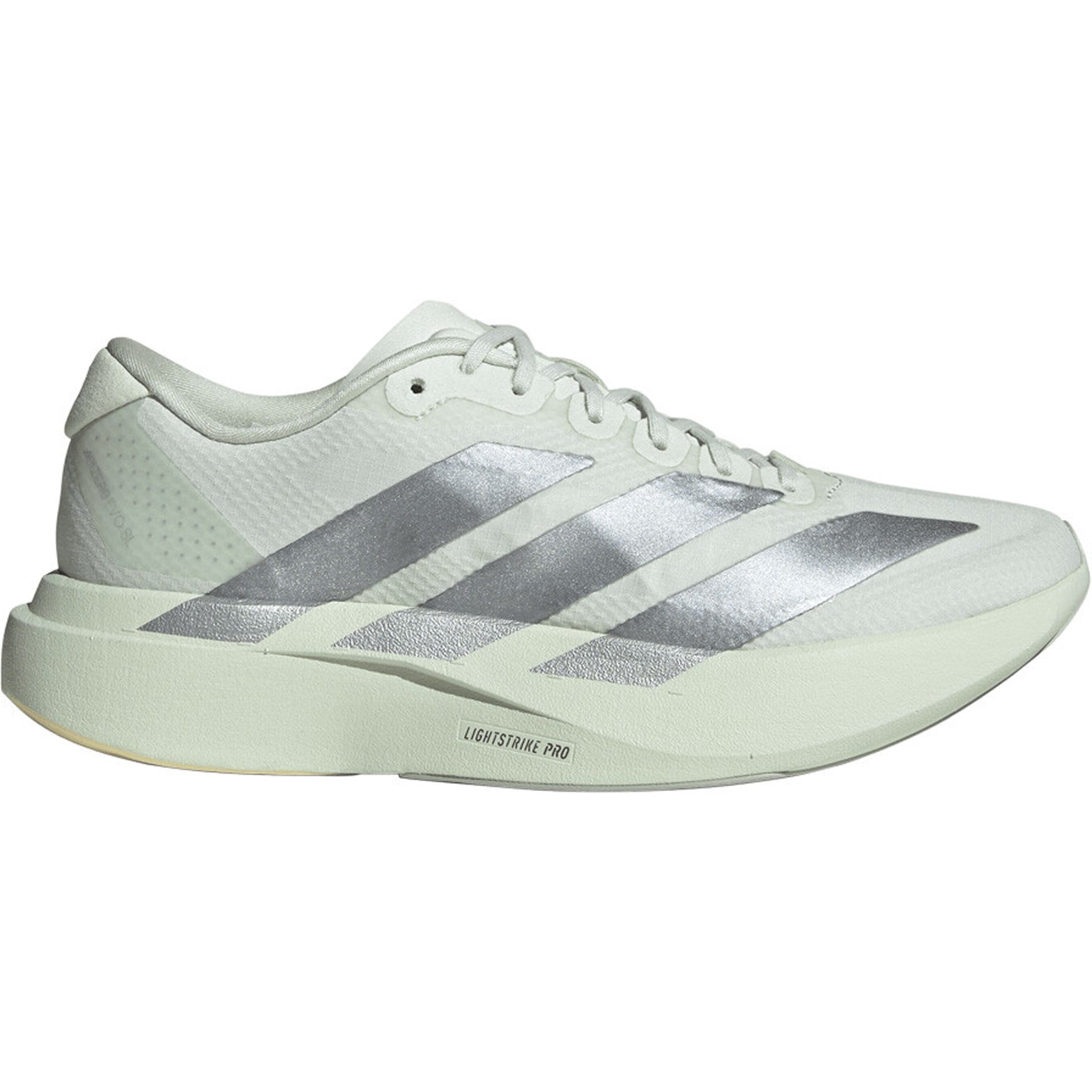 Women's adidas Adizero EVO SL Woven Running Shoes Crystal Jade Tech Grey Metallic Wonder Silver outer side view showing LIGHTSTRIKE PRO foam midsole with woven racing-inspired design for running and lifestyle wear