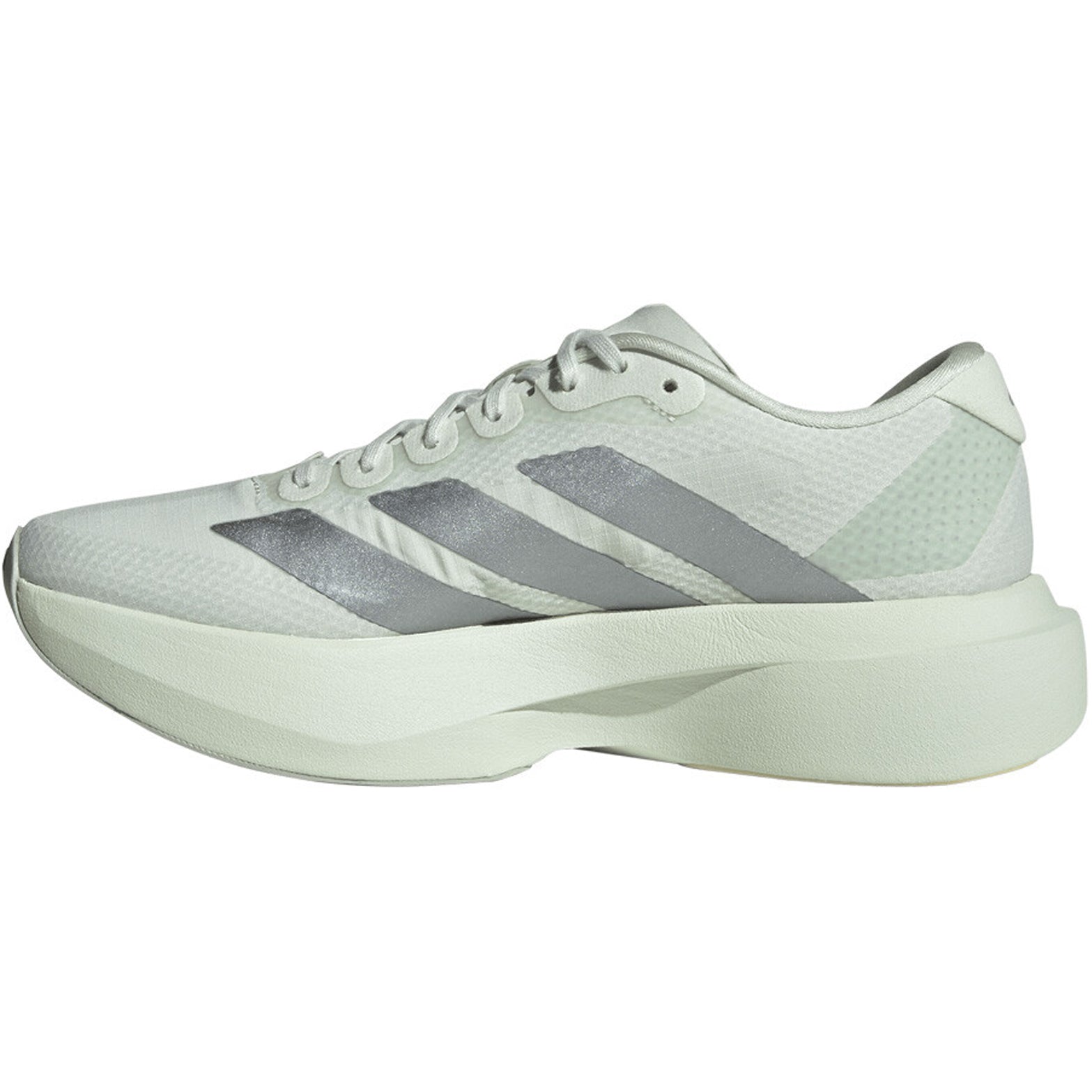 Women's adidas Adizero EVO SL Woven Running Shoes Crystal Jade Tech Grey Metallic Wonder Silver inner side view showing responsive LIGHTSTRIKE PRO cushioning with Continental rubber outsole