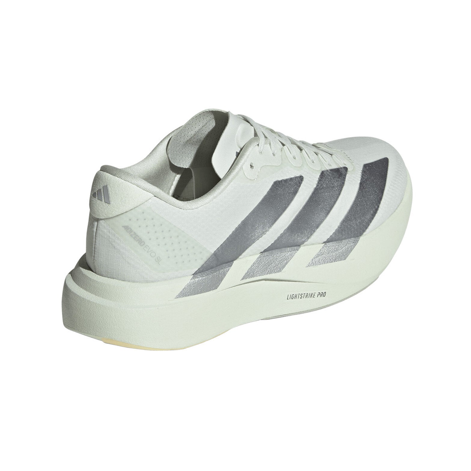 Women's adidas Adizero EVO SL Woven Running Shoes Crystal Jade Tech Grey Metallic Wonder Silver heel view showing LIGHTSTRIKE PRO foam with regular fit and woven racing-inspired design