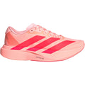 Women's adidas Adizero EVO SL Woven Running Shoes Frozen Turbo Lucid Red Silver Metallic outer side view showing LIGHTSTRIKE PRO foam midsole with woven racing-inspired design for running and lifestyle wear