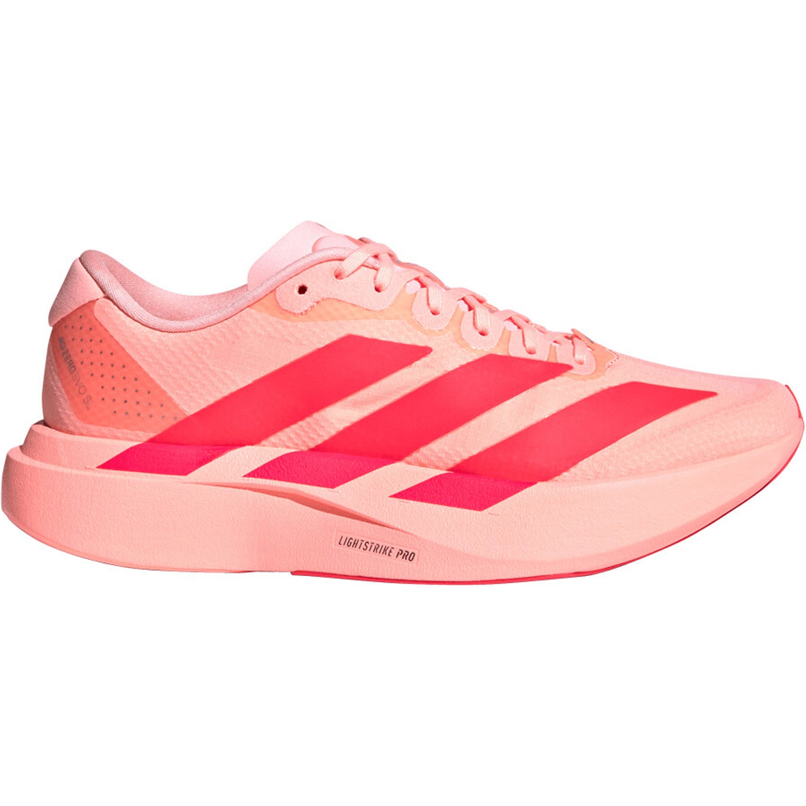 Women's adidas Adizero EVO SL Woven Running Shoes Frozen Turbo Lucid Red Silver Metallic outer side view showing LIGHTSTRIKE PRO foam midsole with woven racing-inspired design for running and lifestyle wear