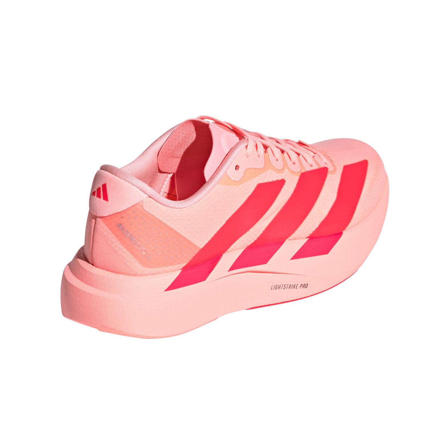 Women's adidas Adizero EVO SL Woven Running Shoes Frozen Turbo Lucid Red Silver Metallic angled side and heel view showing LIGHTSTRIKE PRO foam midsole with Continental rubber outsole and bold woven racing-inspired aesthetic for speed training and everyday wear