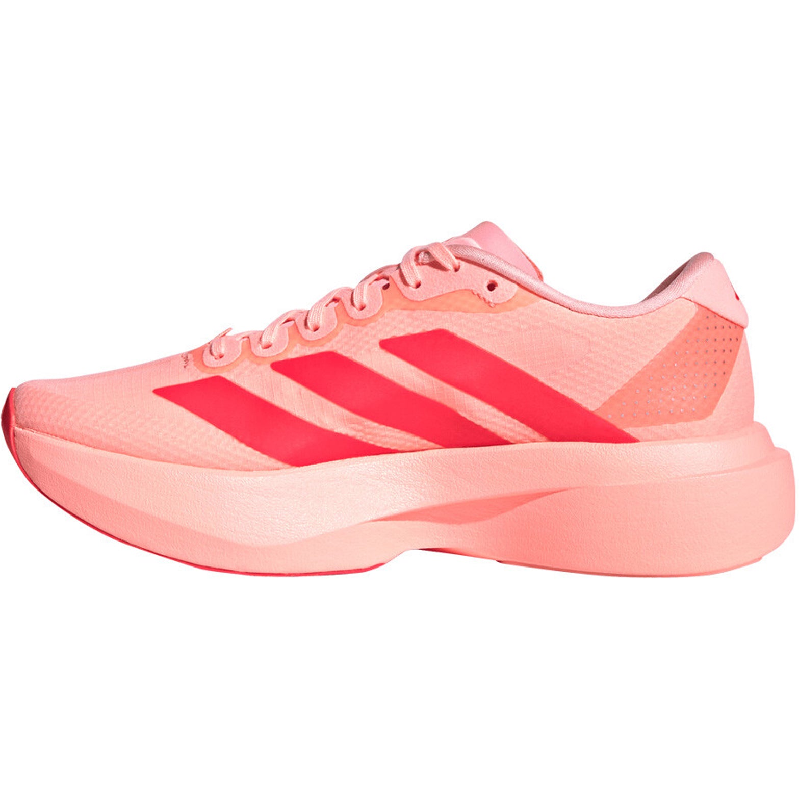Women's adidas Adizero EVO SL Woven Running Shoes Frozen Turbo Lucid Red Silver Metallic inner side view showing responsive LIGHTSTRIKE PRO cushioning with Continental rubber outsole