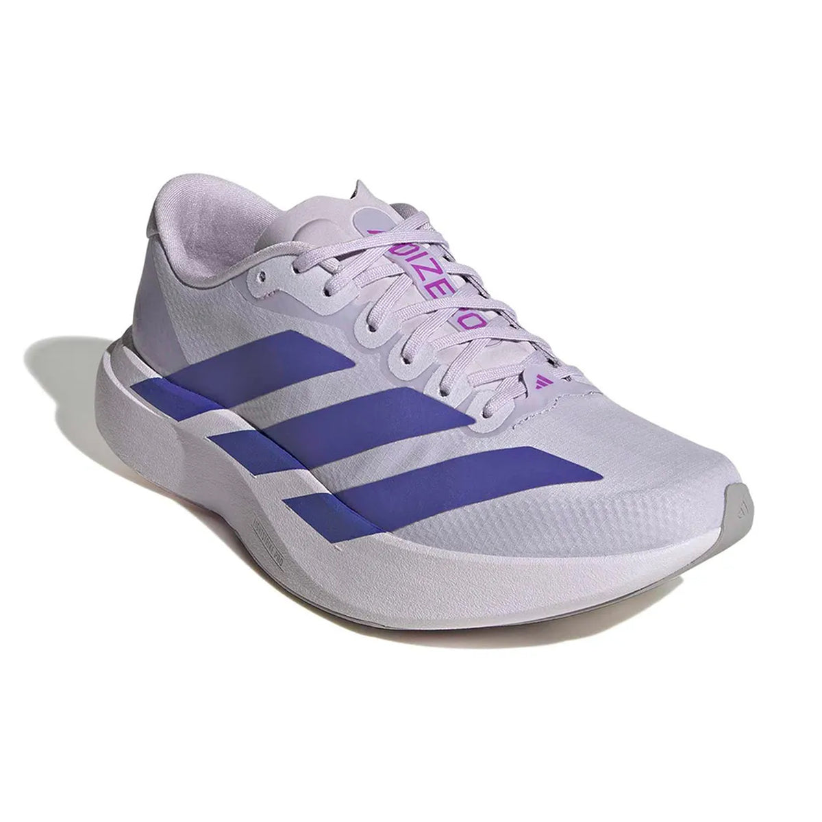 Women's adidas Adizero EVO SL Woven Running Shoes Glory Grey Solar Purple Purple Tint angled side view showing LIGHTSTRIKE PRO foam with Continental rubber and woven racing-inspired design for fast culture and versatile wear