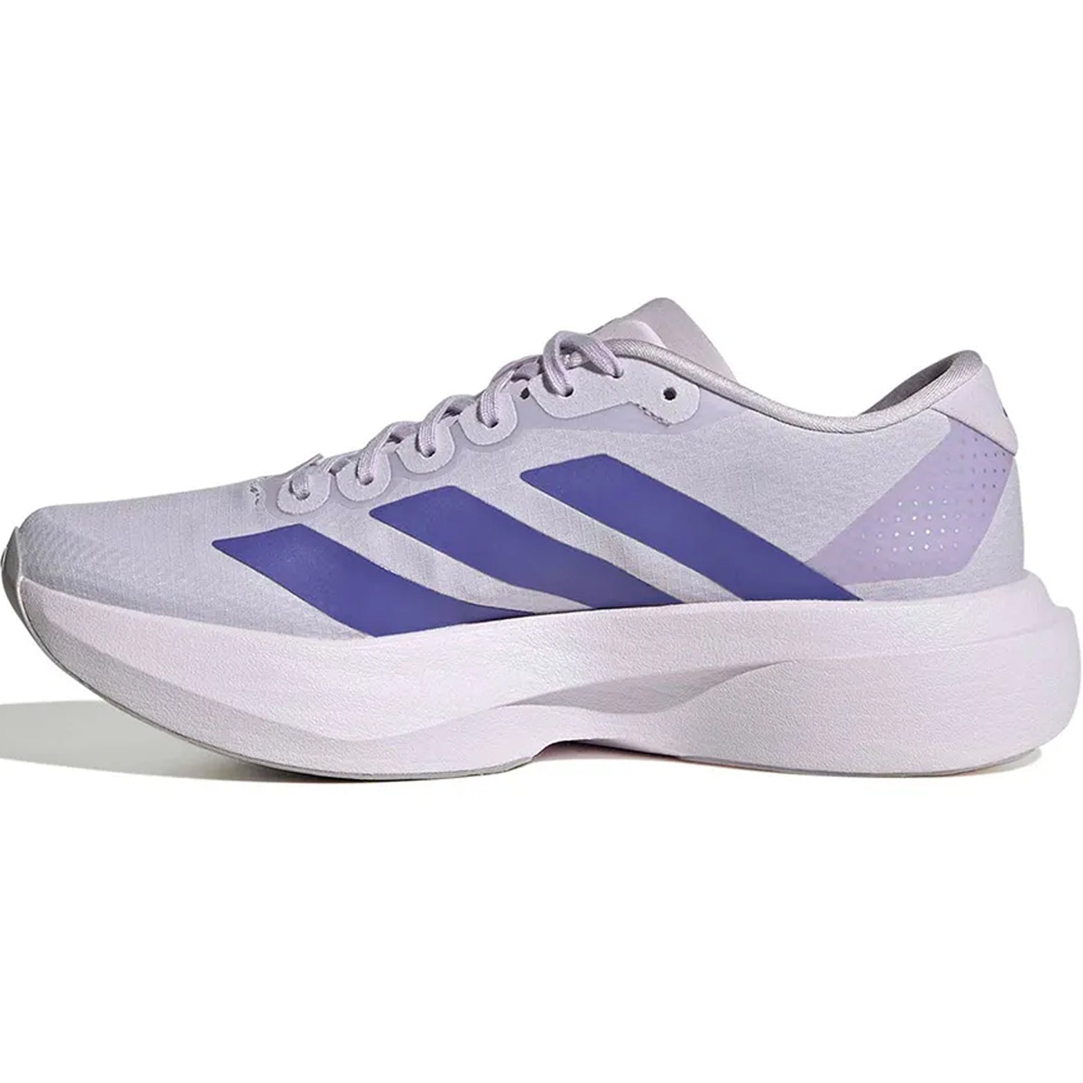 Women's adidas Adizero EVO SL Woven Running Shoes Glory Grey Solar Purple Purple Tint inner side view showing responsive LIGHTSTRIKE PRO cushioning with Continental rubber outsole