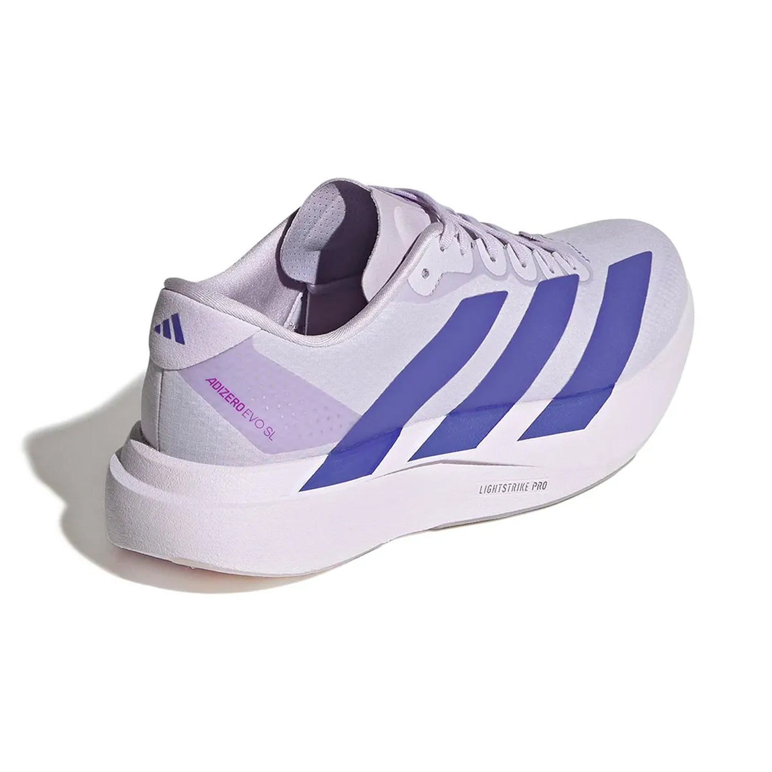 Women's adidas Adizero EVO SL Woven Running Shoes Glory Grey Solar Purple Purple Tint heel view showing LIGHTSTRIKE PRO foam with regular fit and woven racing-inspired design