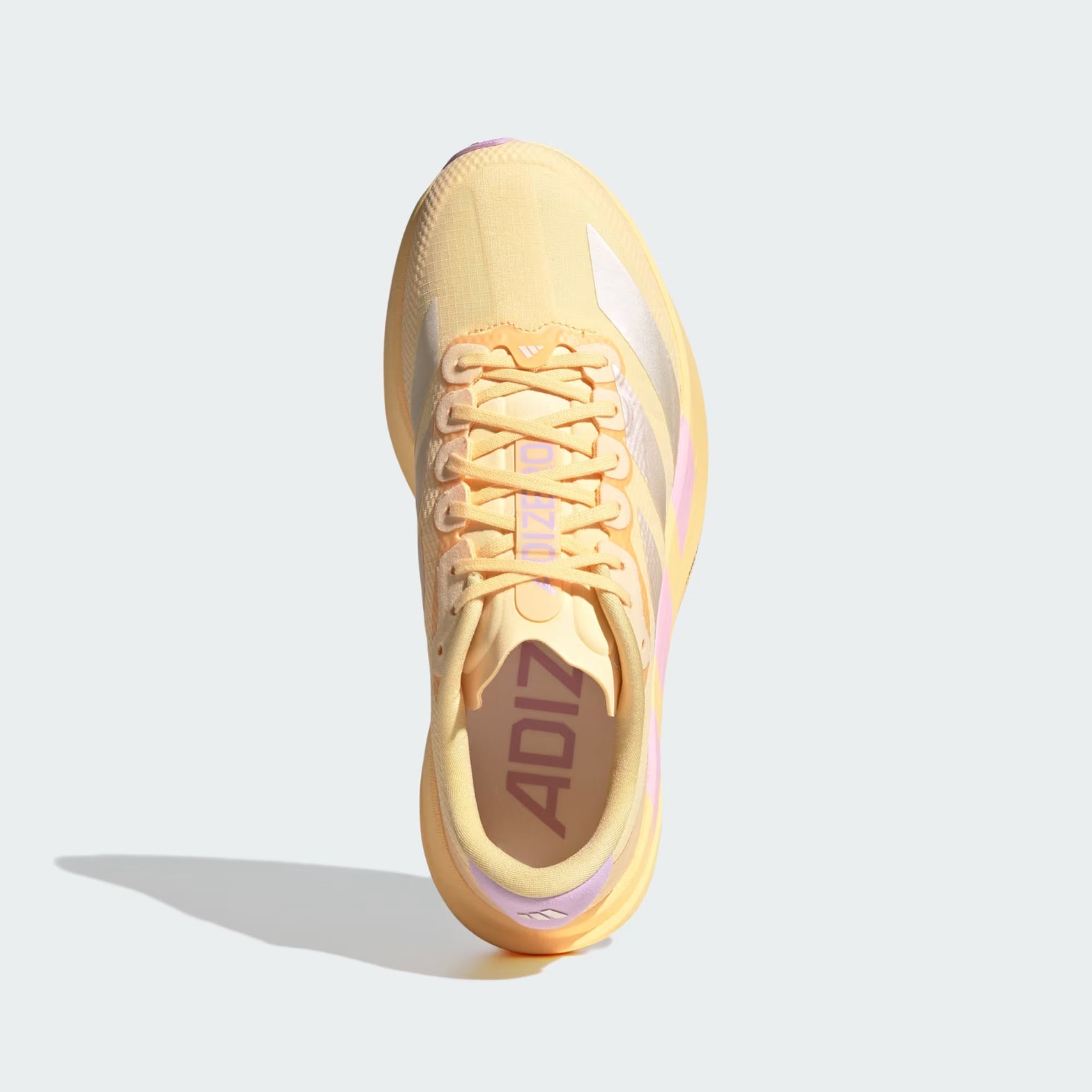 adidas Adizero EVO SL Woven women's running shoe in Ice Tangerine / Ice Gold Metallic / Bliss Lilac — top-down view showing ice tangerine woven upper construction and lace closure