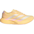 adidas Adizero EVO SL Woven women's running shoe in Ice Tangerine / Ice Gold Metallic / Bliss Lilac — outer view showing ice tangerine woven upper with ice gold metallic 3-Stripes and LightstrikePro midsole