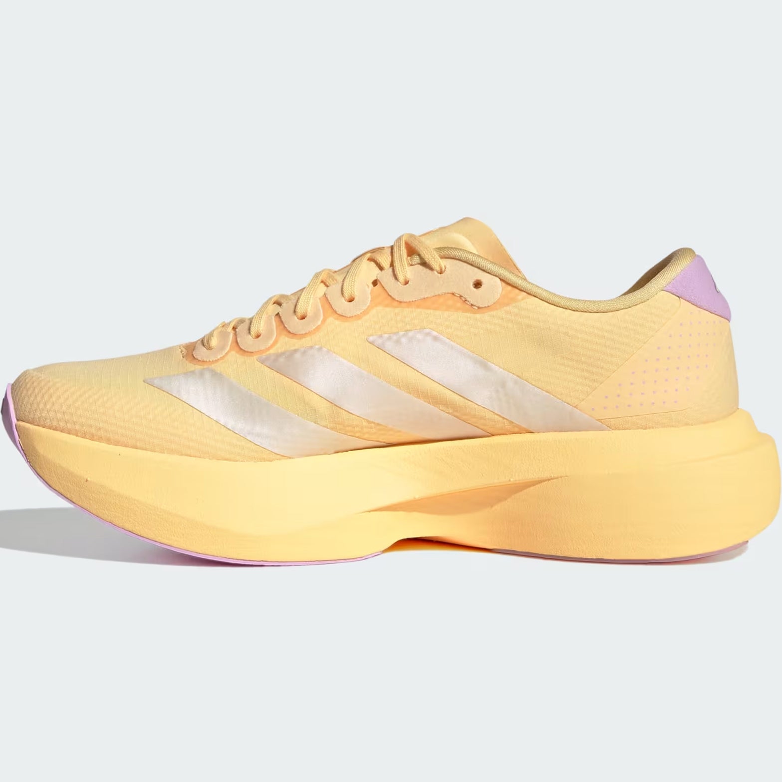 adidas Adizero EVO SL Woven women's running shoe in Ice Tangerine / Ice Gold Metallic / Bliss Lilac — inner view showing ice tangerine woven upper, bliss lilac midsole detailing and Continental rubber outsole
