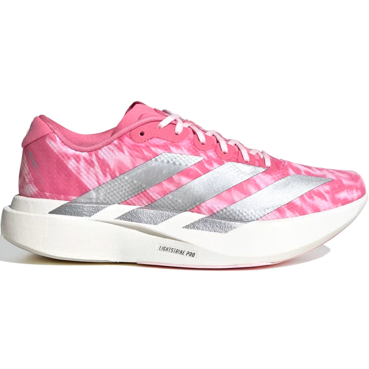 adidas Adizero EVO SL Woven women's running shoe in Pink Fusion / Silver Metallic / Clear Pink — outer view showing pink fusion woven upper with silver metallic 3-Stripes and LightstrikePro midsole