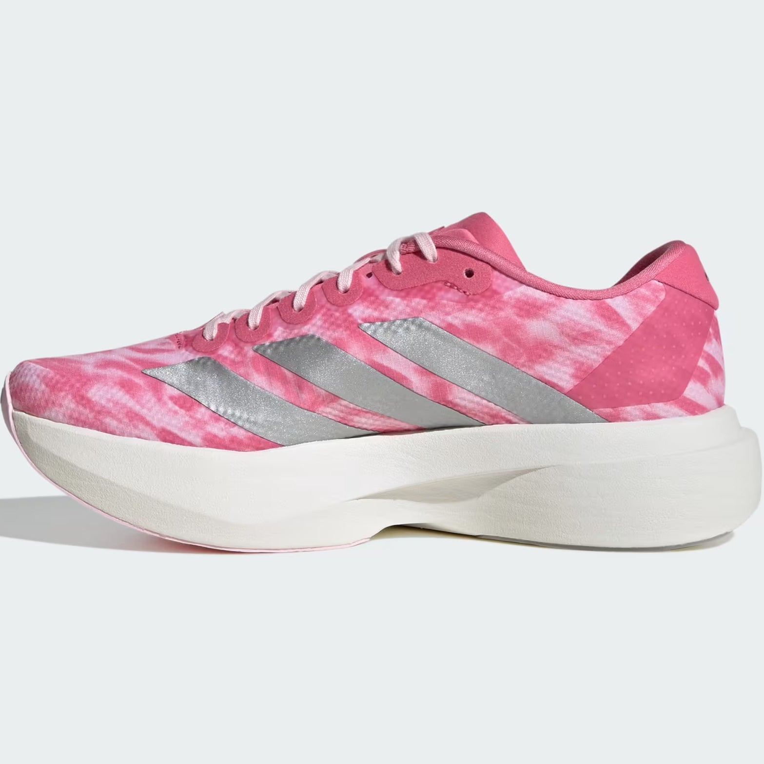 adidas Adizero EVO SL Woven women's running shoe in Pink Fusion / Silver Metallic / Clear Pink — inner view showing pink fusion woven upper, clear pink midsole detailing and rubber outsole