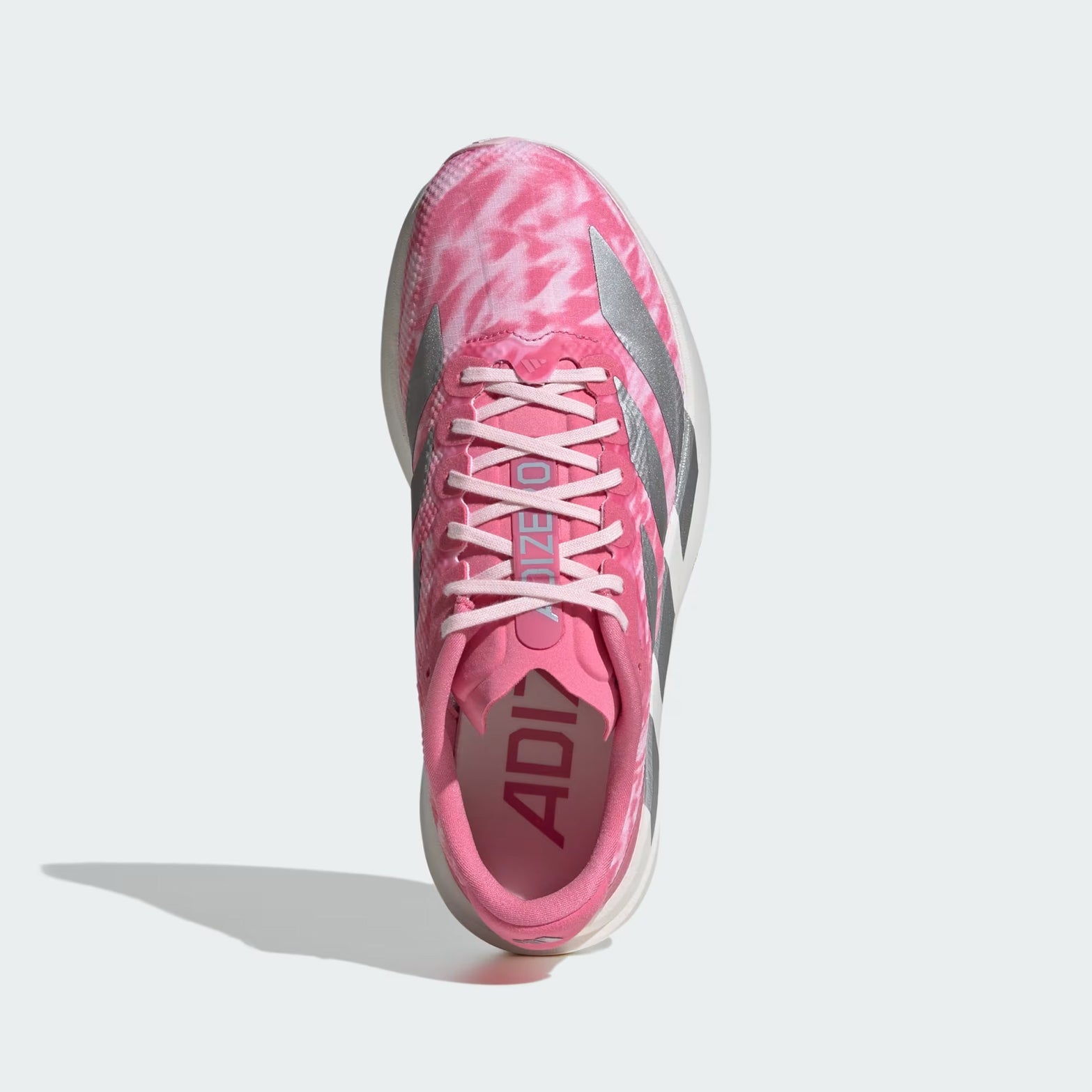 adidas Adizero EVO SL Woven women's running shoe in Pink Fusion / Silver Metallic / Clear Pink — top-down view showing pink fusion woven upper construction and lace closure