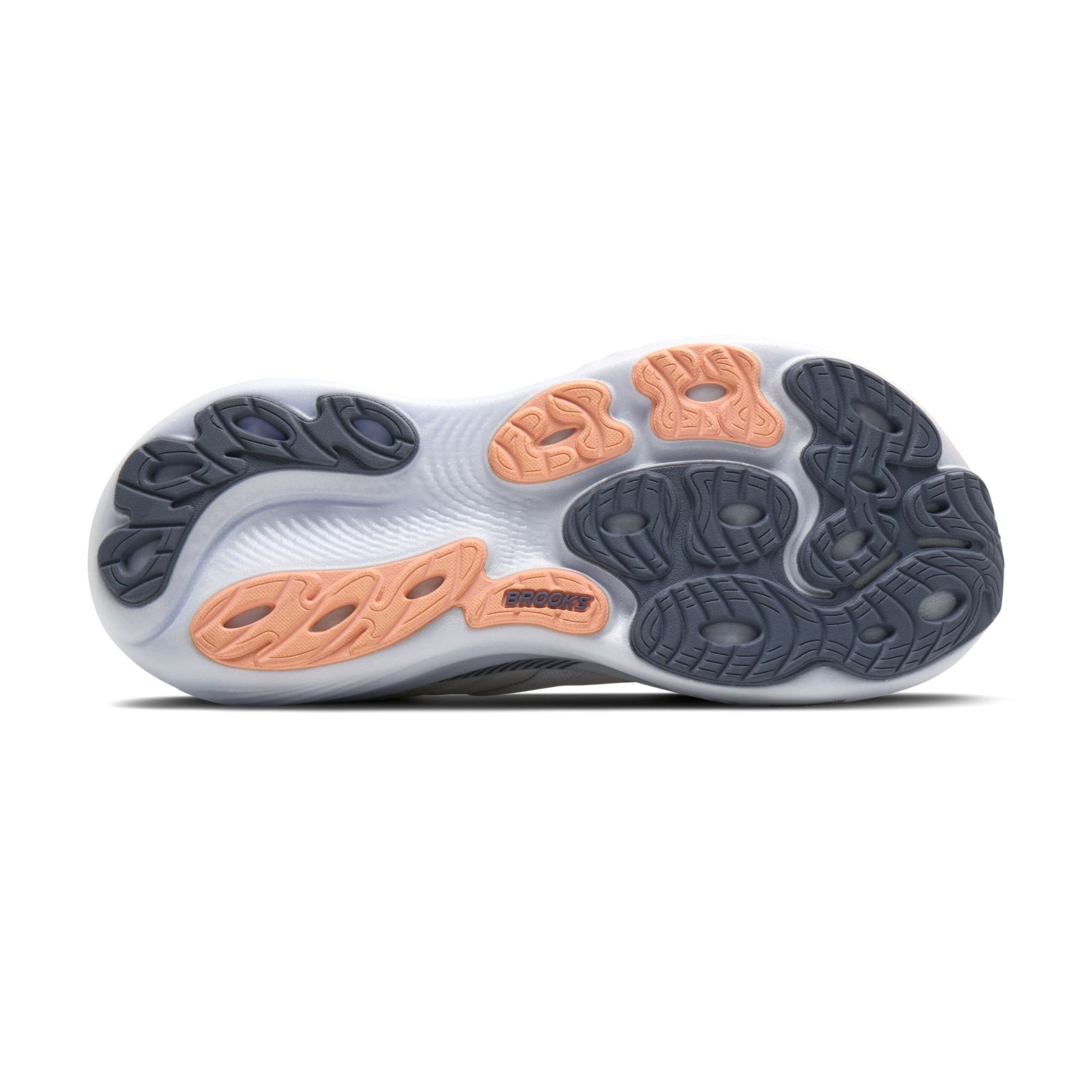Brooks Adrenaline GTS 25 women's running shoe in Oyster Mushroom / Peach / Grape — outsole view showing durable rubber tread pattern and peach DNA LOFT nitrogen-infused foam midsole stack profile