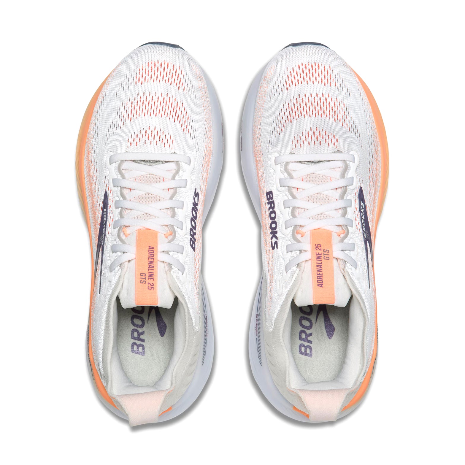 Brooks Adrenaline GTS 25 women's running shoe in Oyster Mushroom / Peach / Grape — top-down view showing oyster mushroom engineered mesh upper construction, lace closure and grape accent detailing
