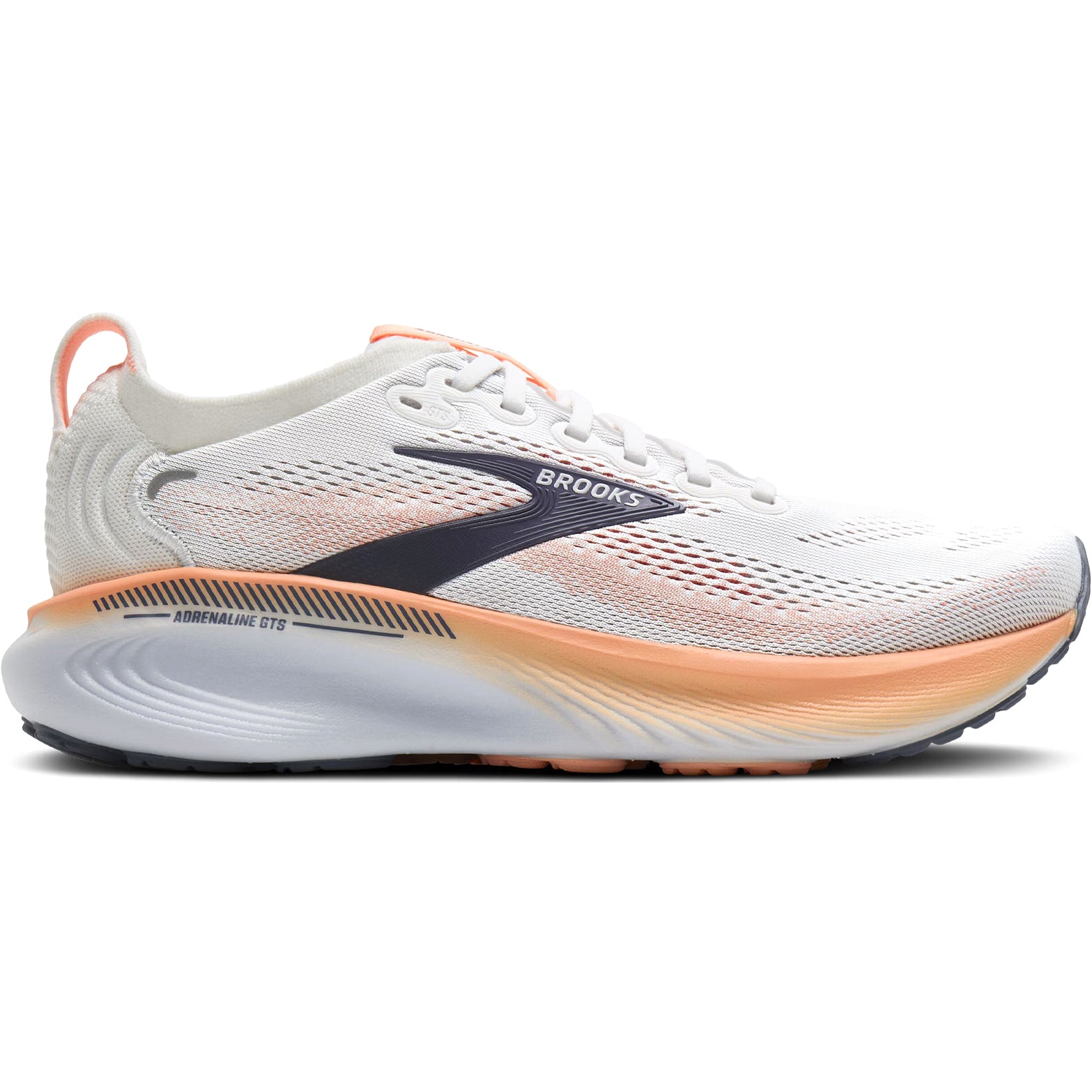 Brooks Adrenaline GTS 25 women's running shoe in Oyster Mushroom / Peach / Grape — outer view showing oyster mushroom engineered mesh upper with peach and grape accent detailing and DNA LOFT cushioning midsole profile