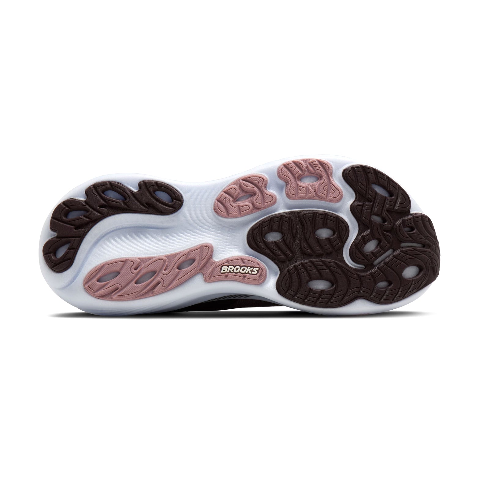 Brooks Adrenaline GTS 25 women's running shoe in Raisin / Woodrose / White — outsole view showing durable rubber tread pattern and woodrose DNA LOFT nitrogen-infused foam midsole stack profile
