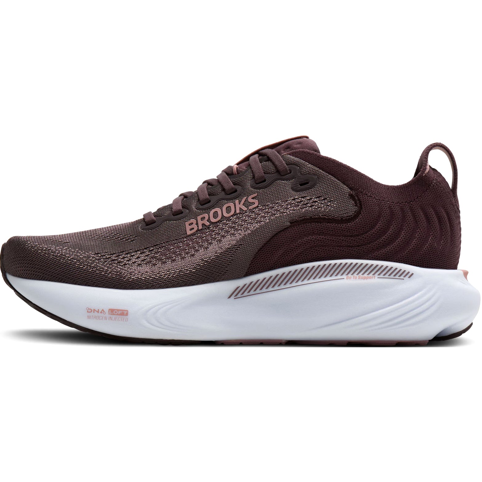 Brooks Adrenaline GTS 25 women's running shoe in Raisin / Woodrose / White — inner view showing raisin engineered mesh upper, woodrose midsole detailing, GuideRails support structure and DNA LOFT cushioning construction