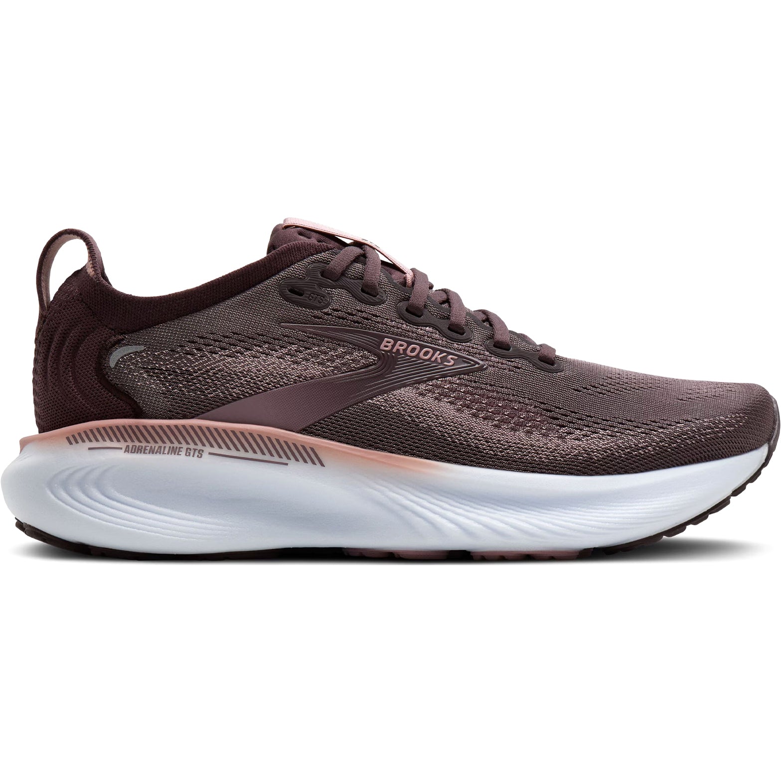 Brooks Adrenaline GTS 25 women's running shoe in Raisin / Woodrose / White — outer view showing raisin engineered mesh upper with woodrose and white accent detailing and DNA LOFT cushioning midsole profile