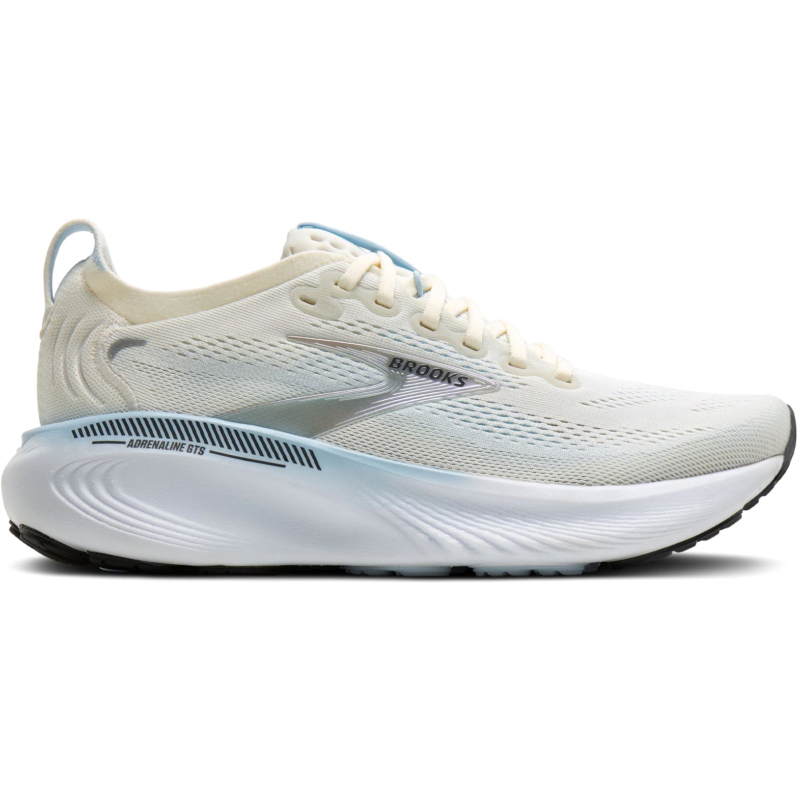 Brooks Adrenaline GTS 25 women's running shoe in Star White / Nantucket / Chrome — outer view showing star white engineered mesh upper with nantucket and chrome accent detailing and DNA LOFT cushioning midsole profile
