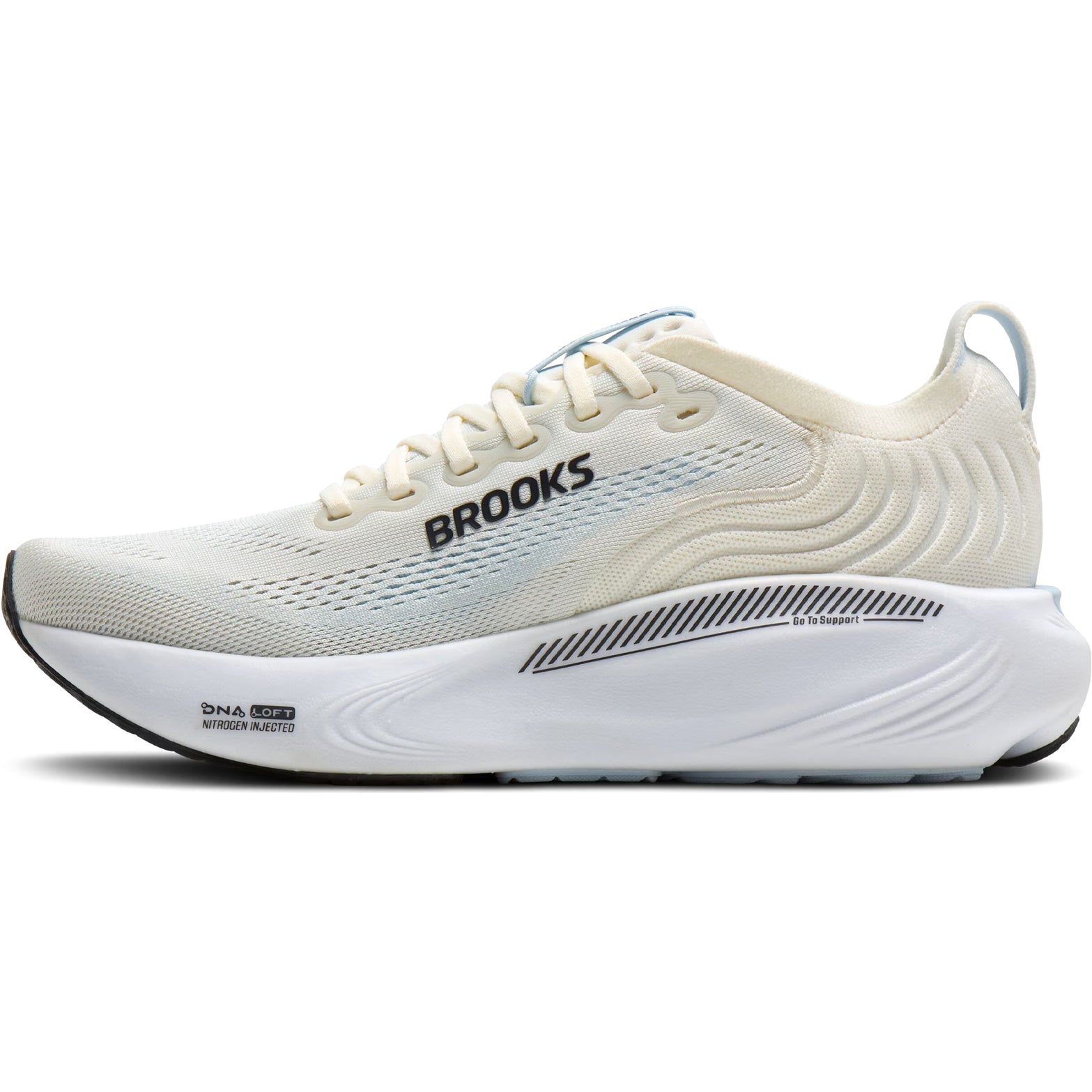 Brooks Adrenaline GTS 25 women's running shoe in Star White / Nantucket / Chrome — inner view showing star white engineered mesh upper, nantucket midsole detailing, GuideRails support structure and DNA LOFT cushioning construction