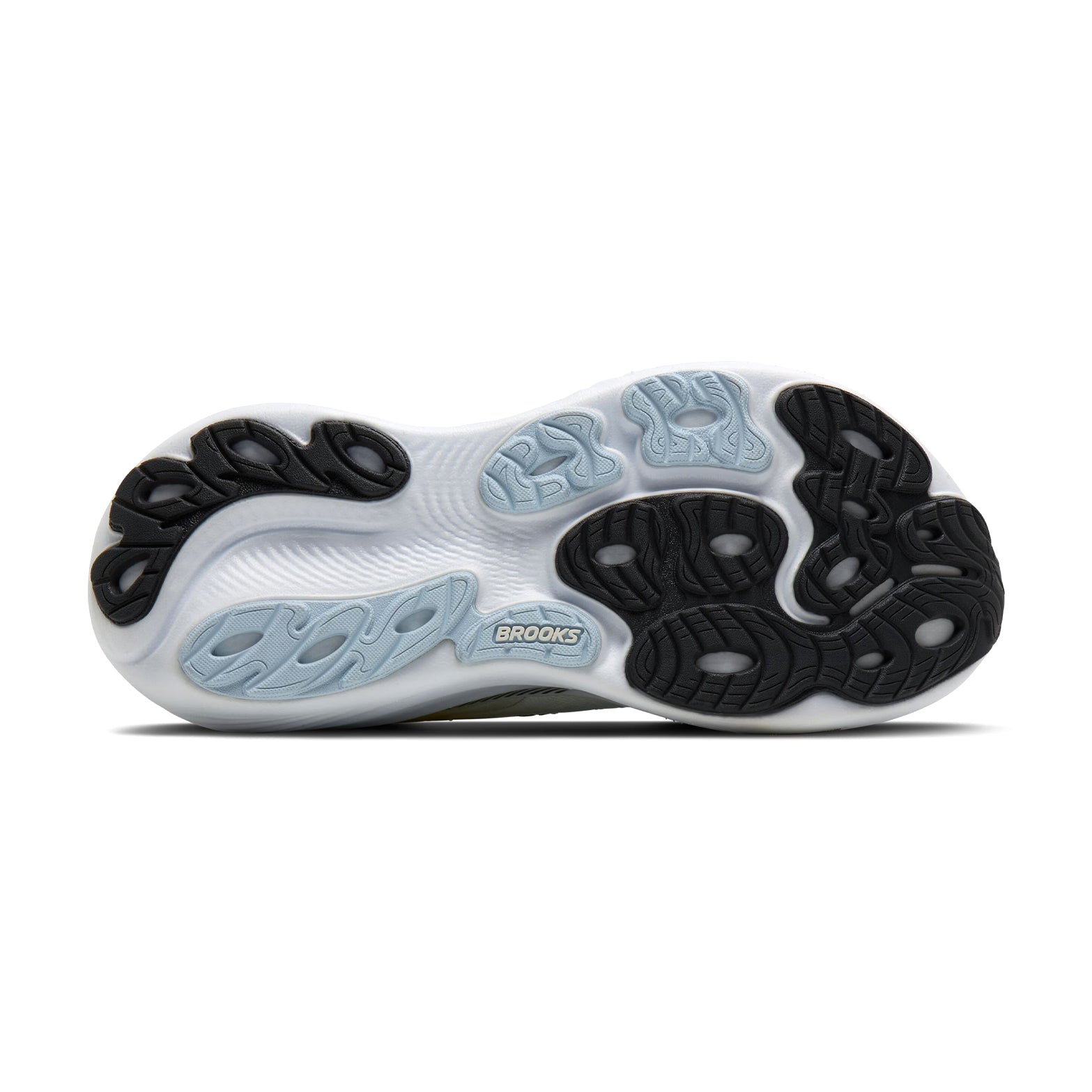 Brooks Adrenaline GTS 25 women's running shoe in Star White / Nantucket / Chrome — outsole view showing durable rubber tread pattern and nantucket DNA LOFT nitrogen-infused foam midsole stack profile