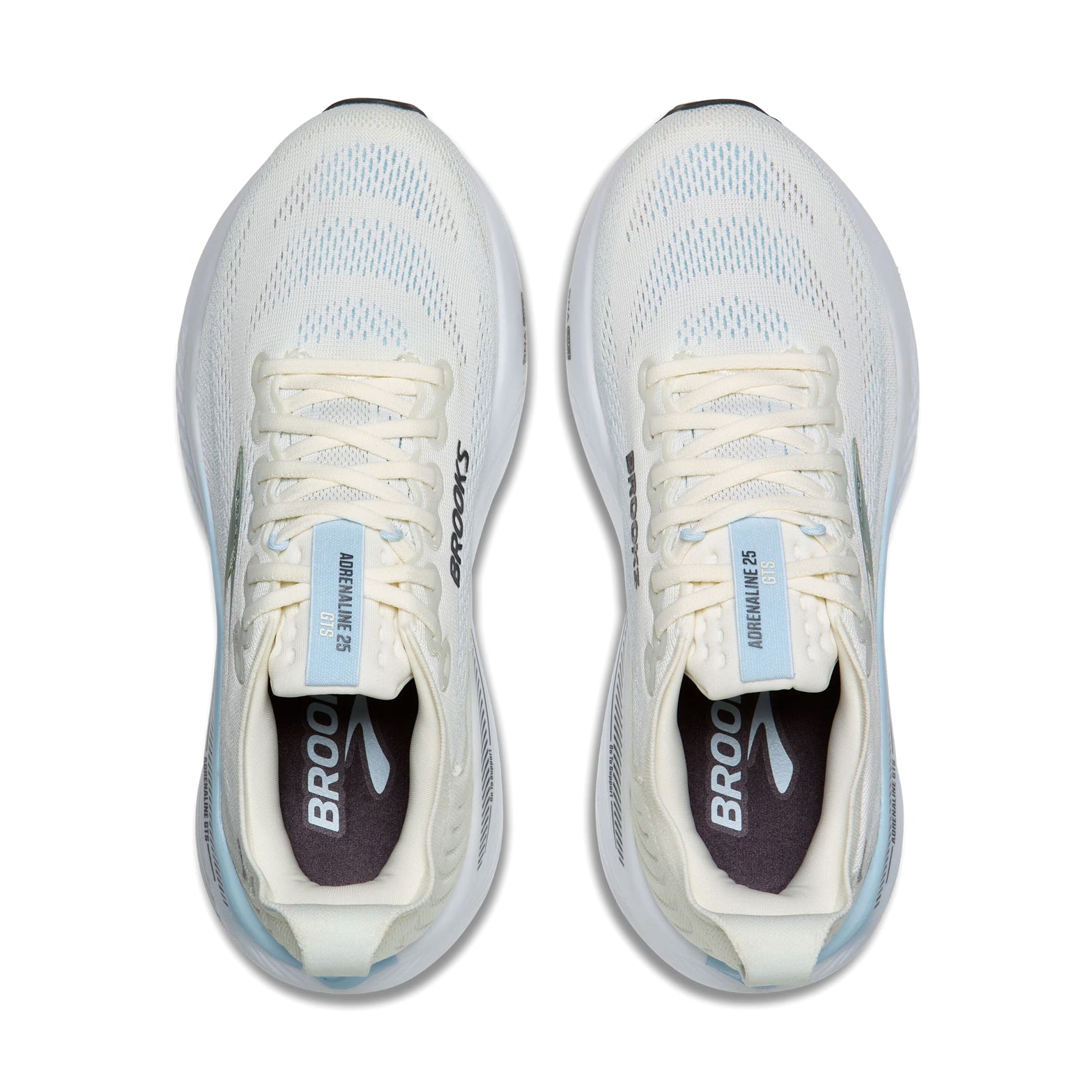 Brooks Adrenaline GTS 25 women's running shoe in Star White / Nantucket / Chrome — top-down view showing star white engineered mesh upper construction, lace closure and chrome accent detailing