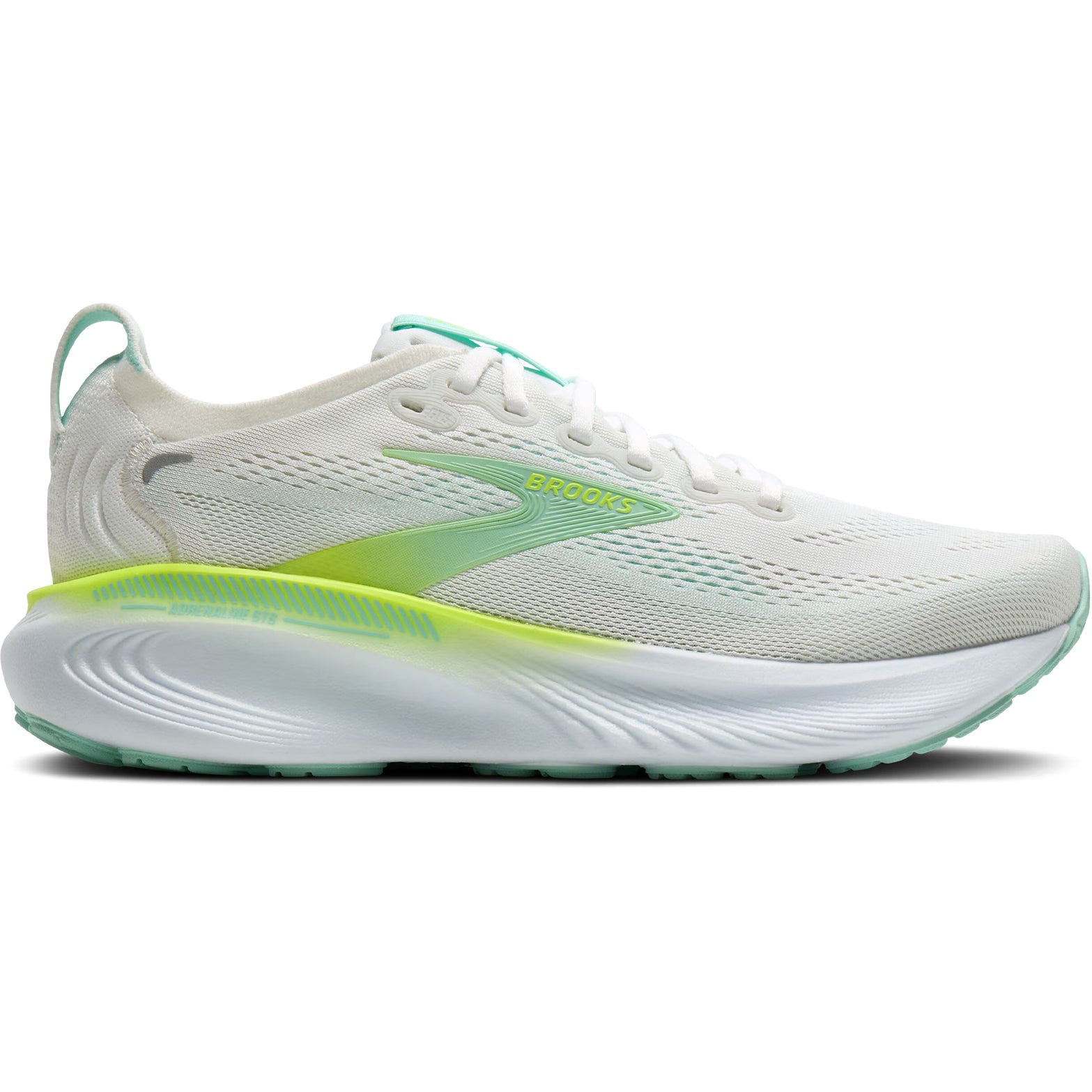Women's Brooks Adrenaline GTS 25 Running Shoes White Green Yellow outer side view showing nitrogen-infused DNA LOFT cushioning and GuideRails support technology