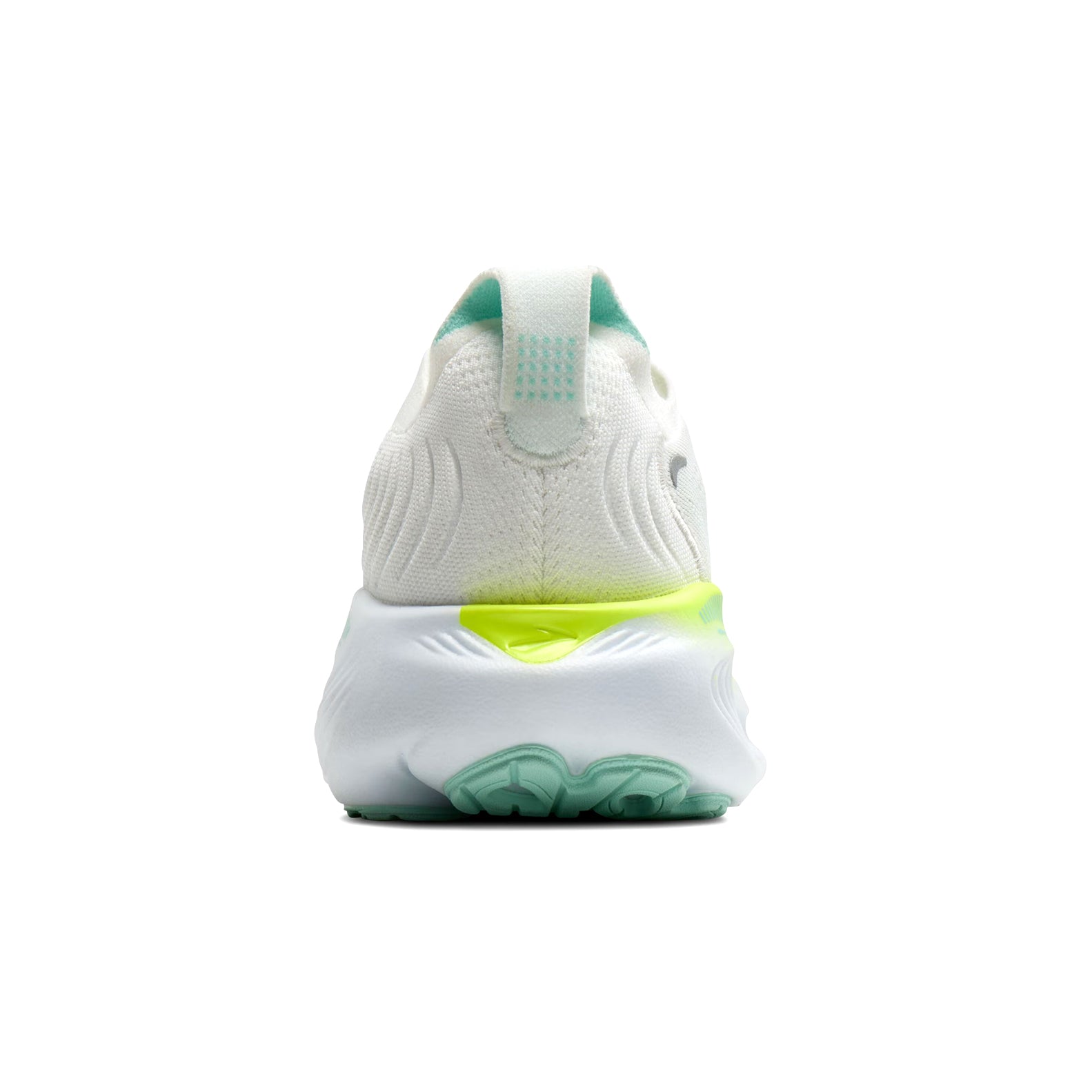 Women's Brooks Adrenaline GTS 25 Running Shoes White Green Yellow heel view showing extra nitrogen-infused DNA LOFT cushioning and GuideRails support system
