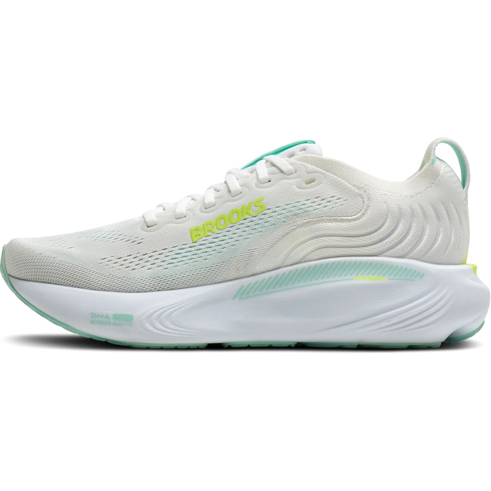 Women's Brooks Adrenaline GTS 25 Running Shoes White Green Yellow inner side view showing DNA LOFT foam in heel and forefoot with GuideRails natural motion support