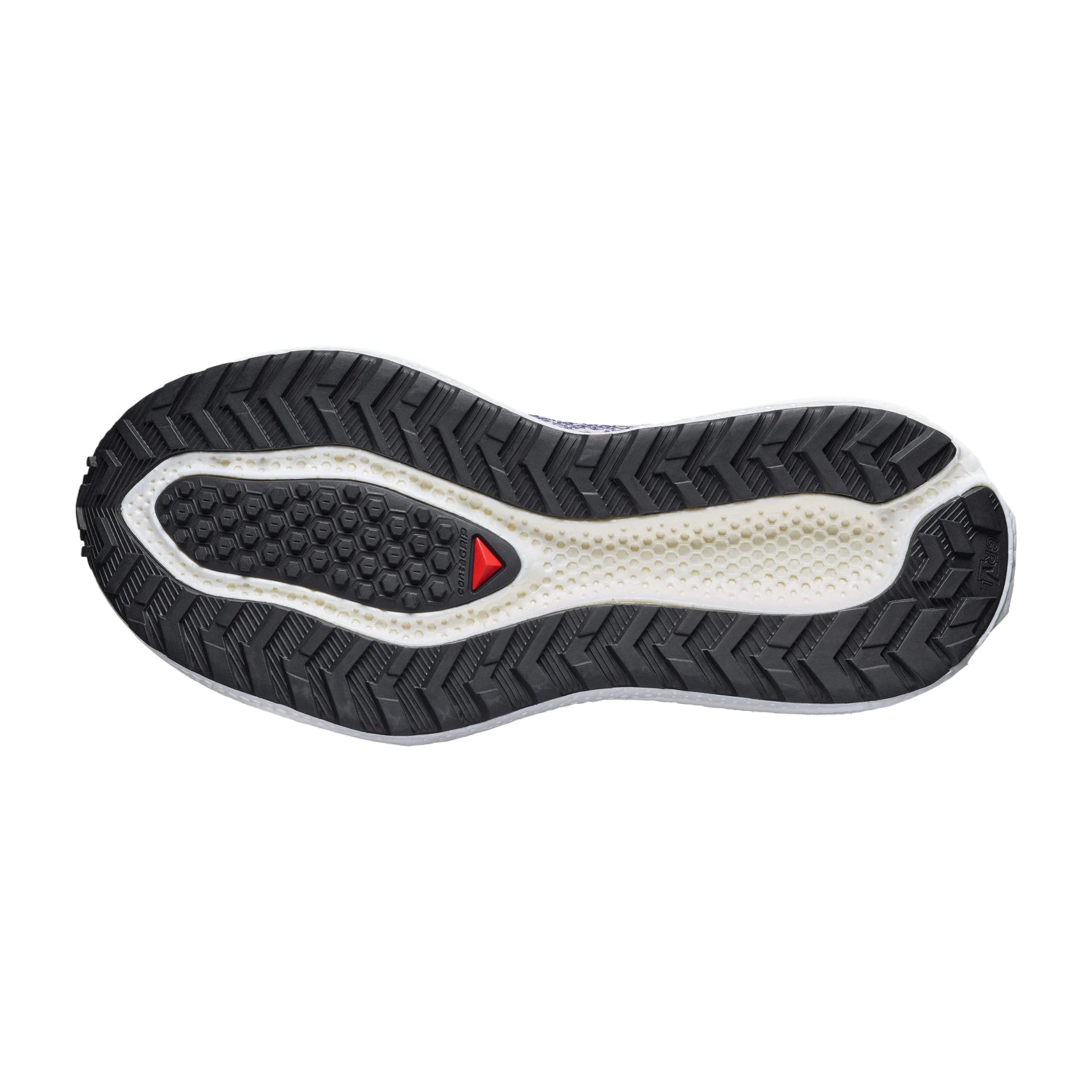 Women's Salomon Aero Glide 4 GRVL Running Shoes Shadow Gray Deep Blue sole view displaying Road contagrip outsole with 2-3mm lugs for grip on tarmac, gravel and mixed terrain