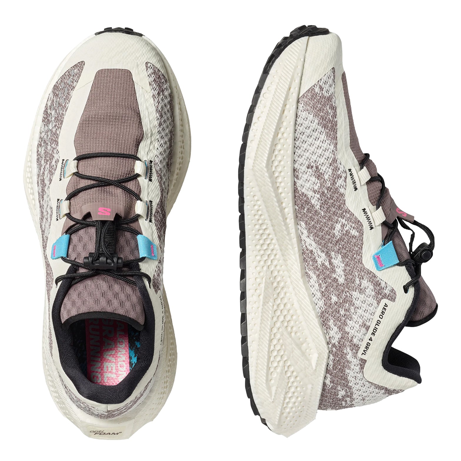 Women's Aero Glide 4 GRVL Running Shoes Vanilla Ice Black side and top view showing 3D mesh upper and quicklace system