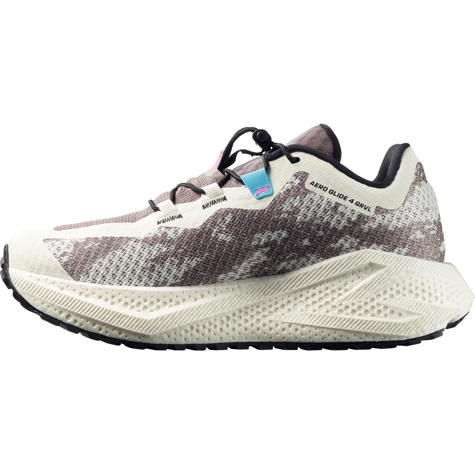 Women's Aero Glide 4 GRVL Running Shoes Vanilla Ice Black outer side view showing road contagrip® outsole