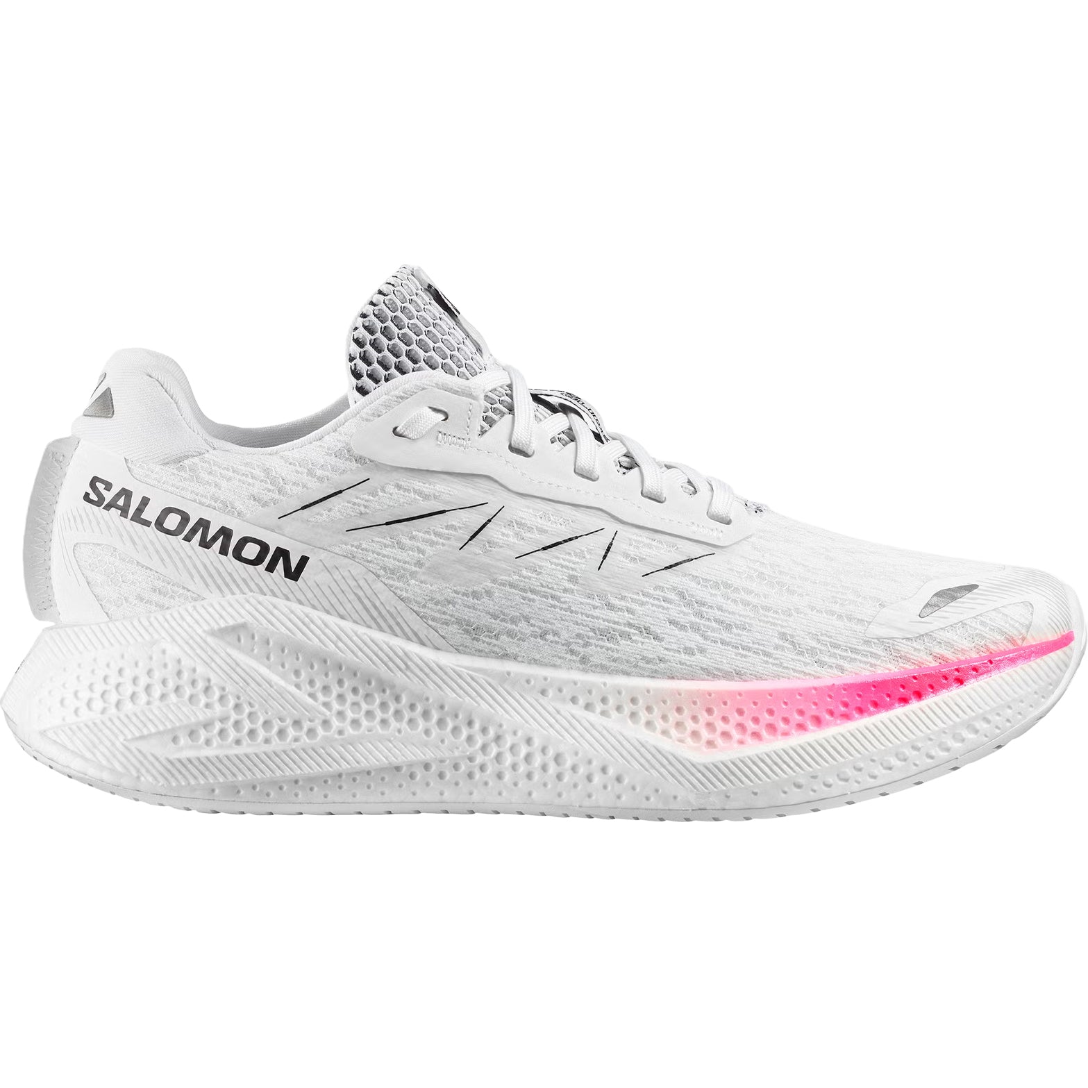 Women's Salomon Aero Glide 4 Running Shoes White White outer side view showing energyFOAM midsole with Reverse Camber rocker geometry for smooth road running transitions