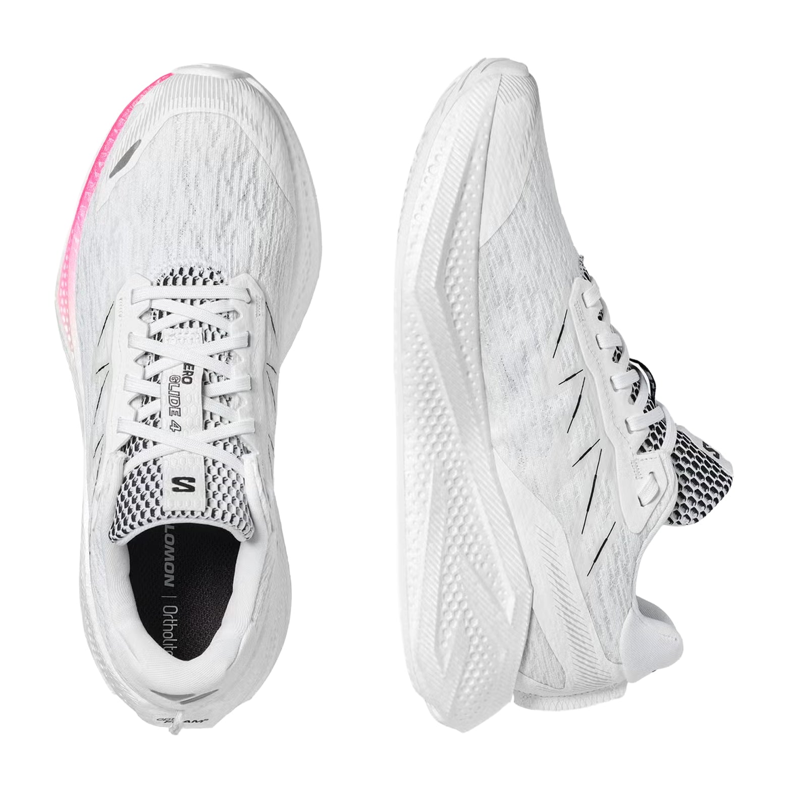 Women's Salomon Aero Glide 4 Running Shoes White White top view showing breathable engineered mesh upper with SensiFit construction for secure comfortable fit