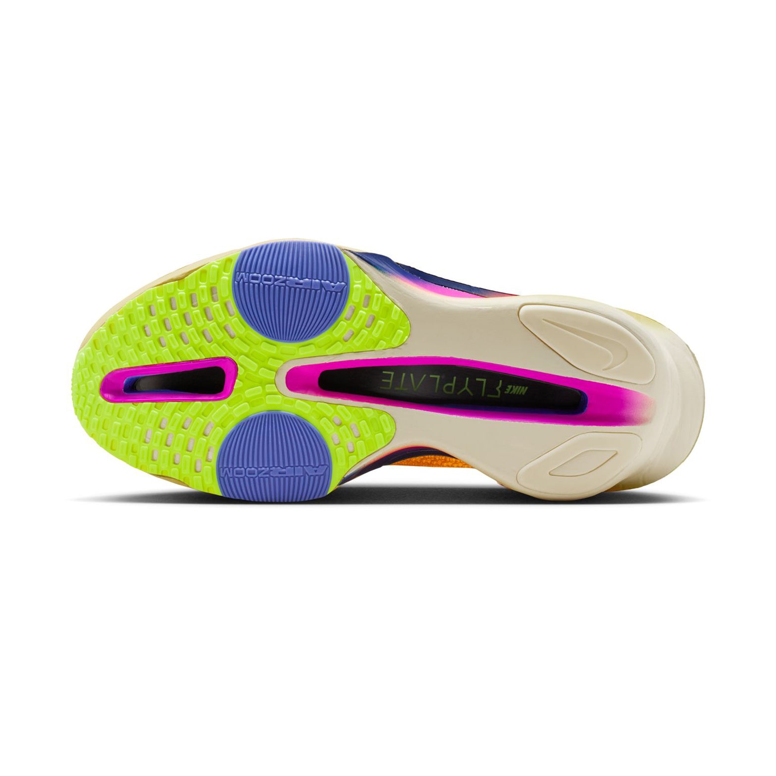Women's Alphafly 3 Running Shoes Laser Orange Citron Pulse Volt Ice Indigo Burst sole view displaying outsole traction pattern