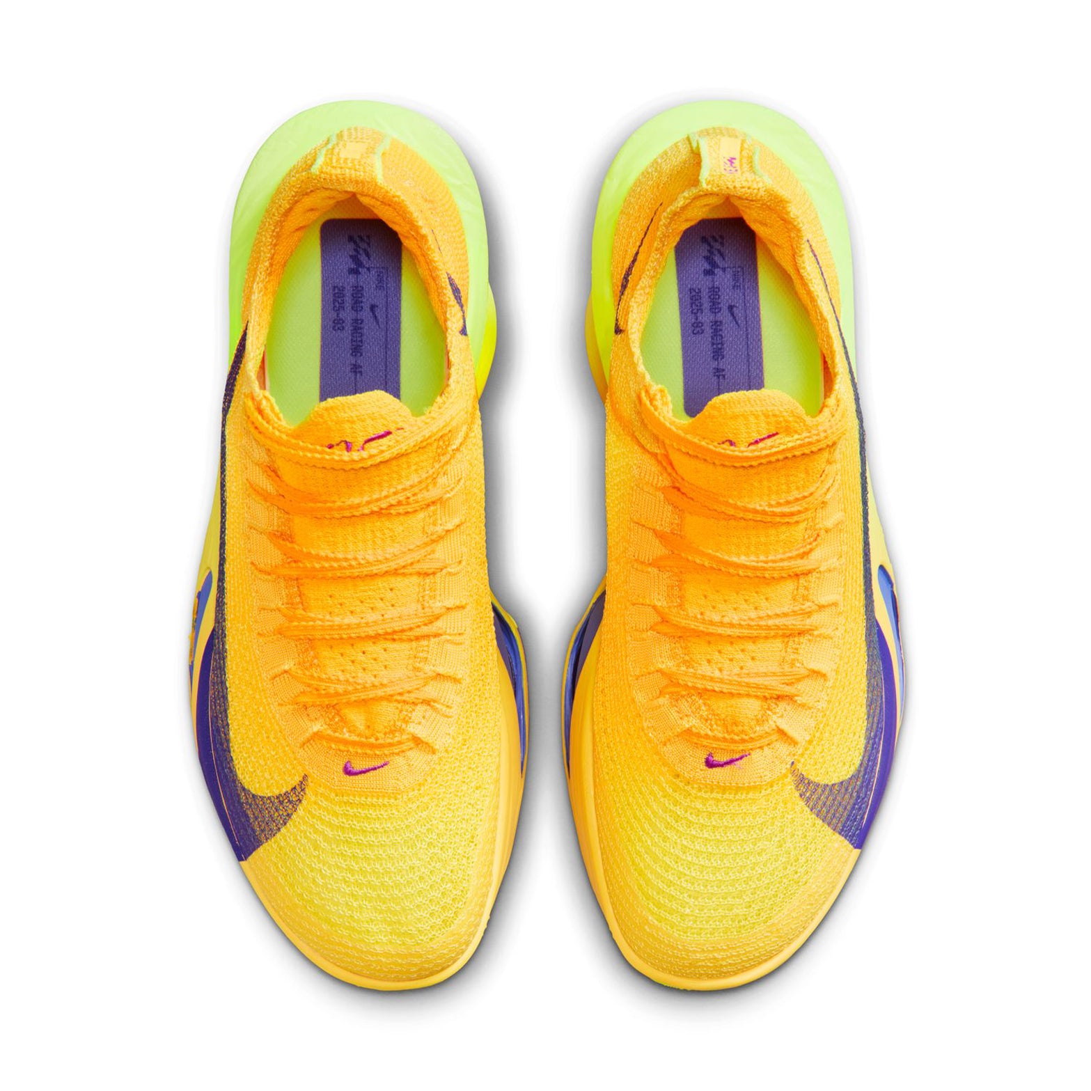 Women's Alphafly 3 Running Shoes Laser Orange Citron Pulse Volt Ice Indigo Burst pair top view showing Atomknit upper and notched laces