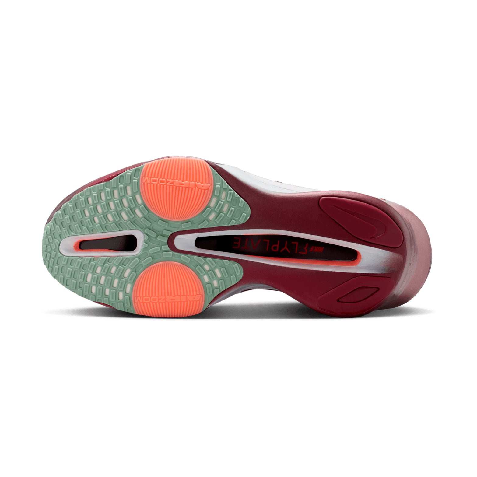 Women's Nike Alphafly 3 SE Running Shoes Team Red Bright Crimson Barely Green sole view displaying lightweight outsole with dual Air Zoom units, ZoomX foam and carbon plate for competitive racing